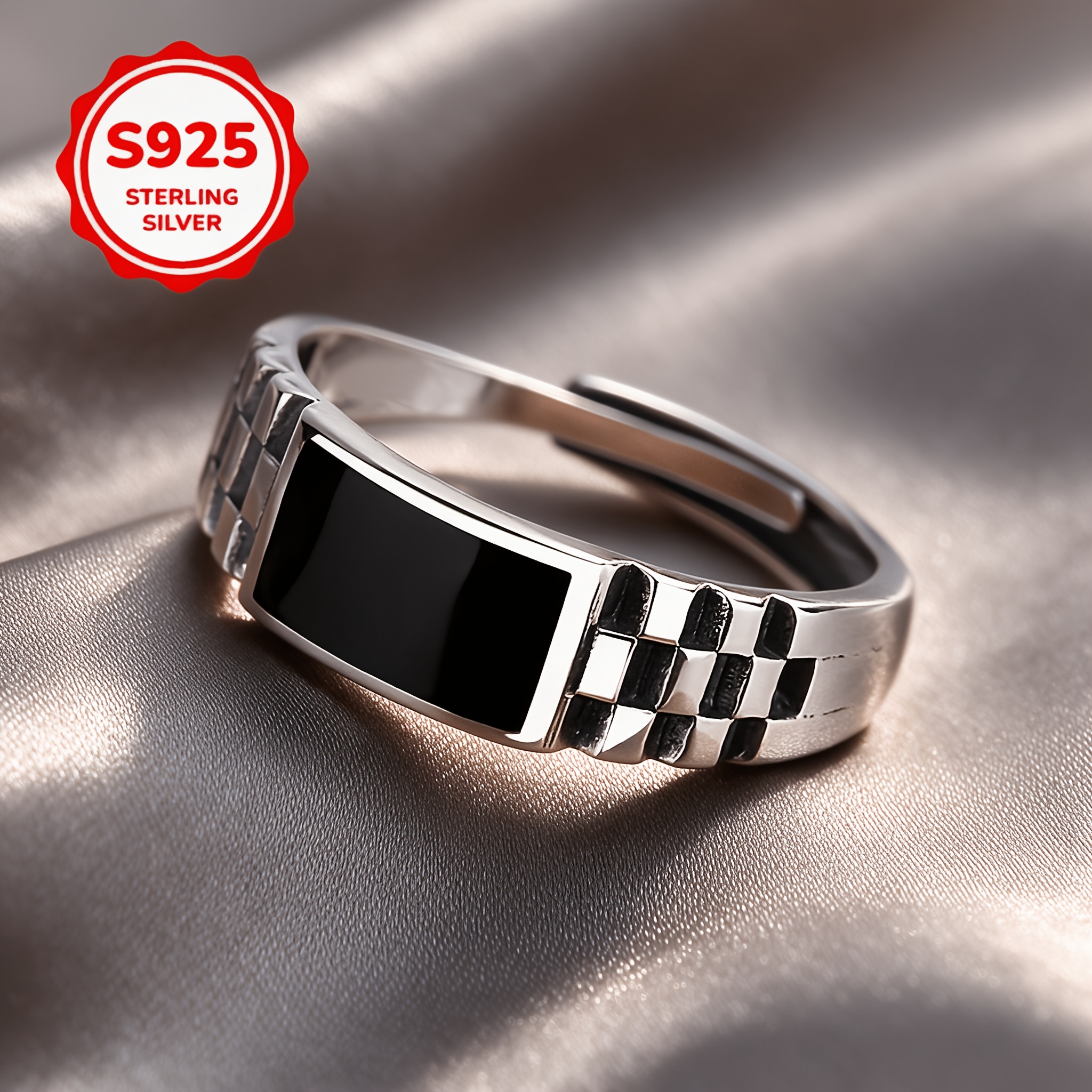 925 Silver Drip-Enamel Checkerboard Adjustable Ring
